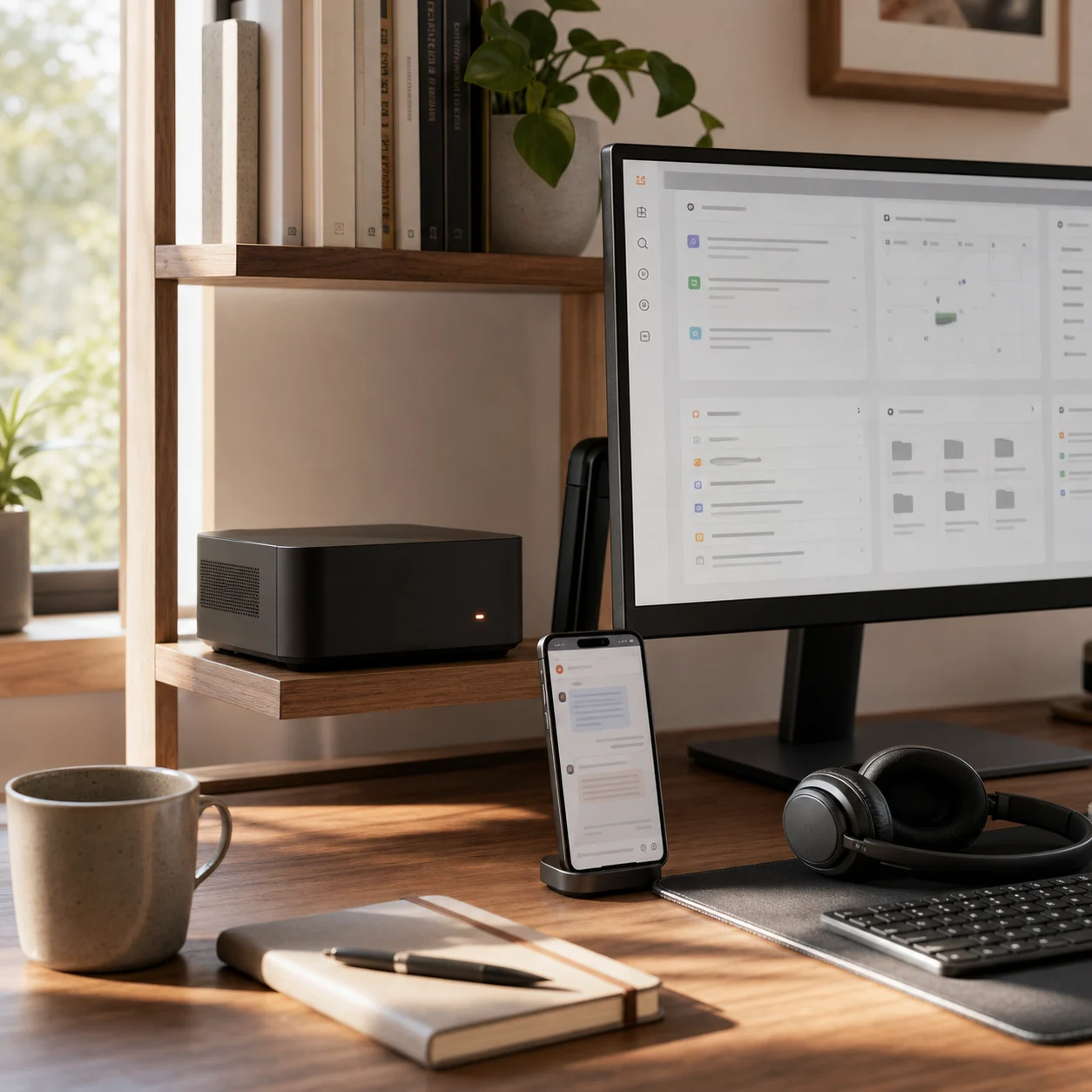 A dedicated personal AI machine integrated into a warm, lived-in workspace